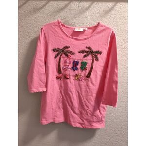 Quacker Factory Women's Long Sleeve Pink Shirt Palm Trees Sequins Bikinis Shirt
